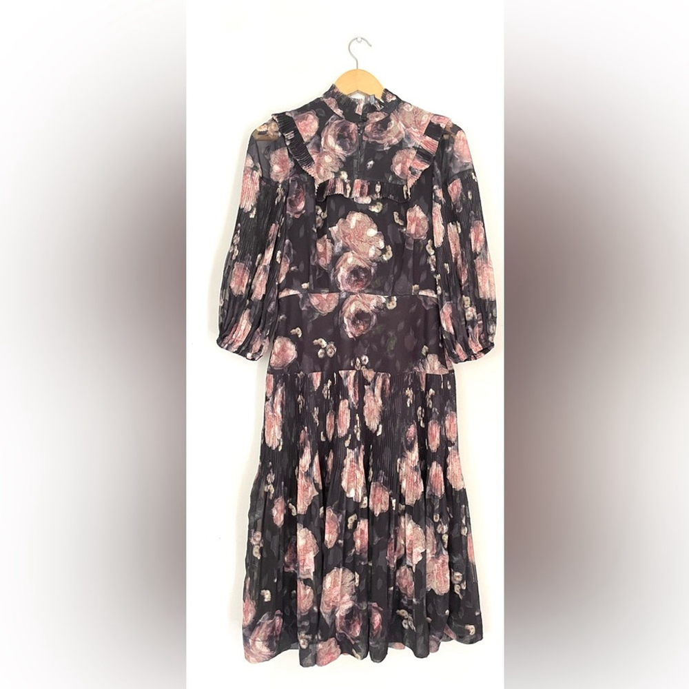 nora noh Floral Black Dress midi pleated long sleeve - Picture 4 of 11